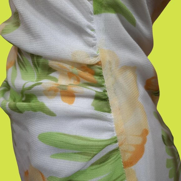90s Y2K Strapless Floral Mesh Dress Size M White Yellow Green Midi Length Ruched - Picture 5 of 8